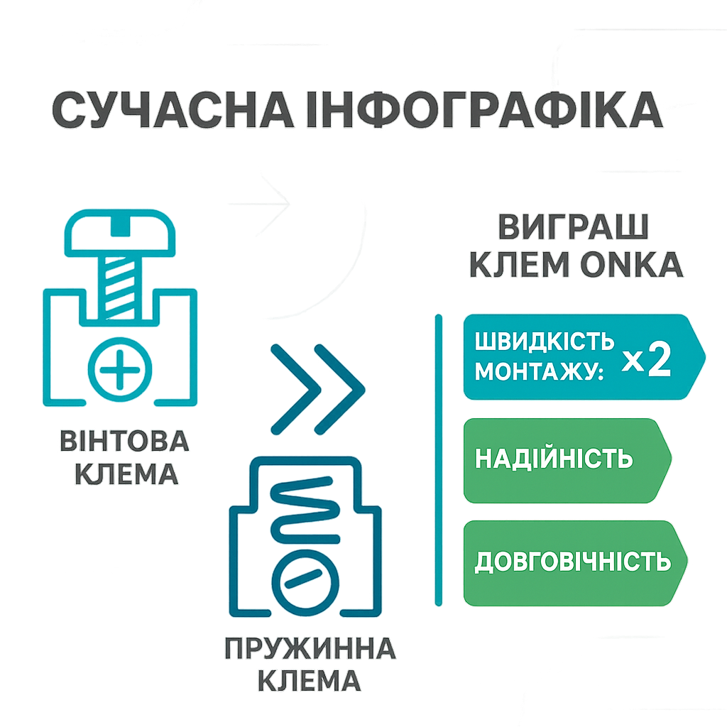 alt_text: Порівняння вінтових і пружинних клем: монтаж, надійність, довговічність. Рекомендуються клеми ONKA.