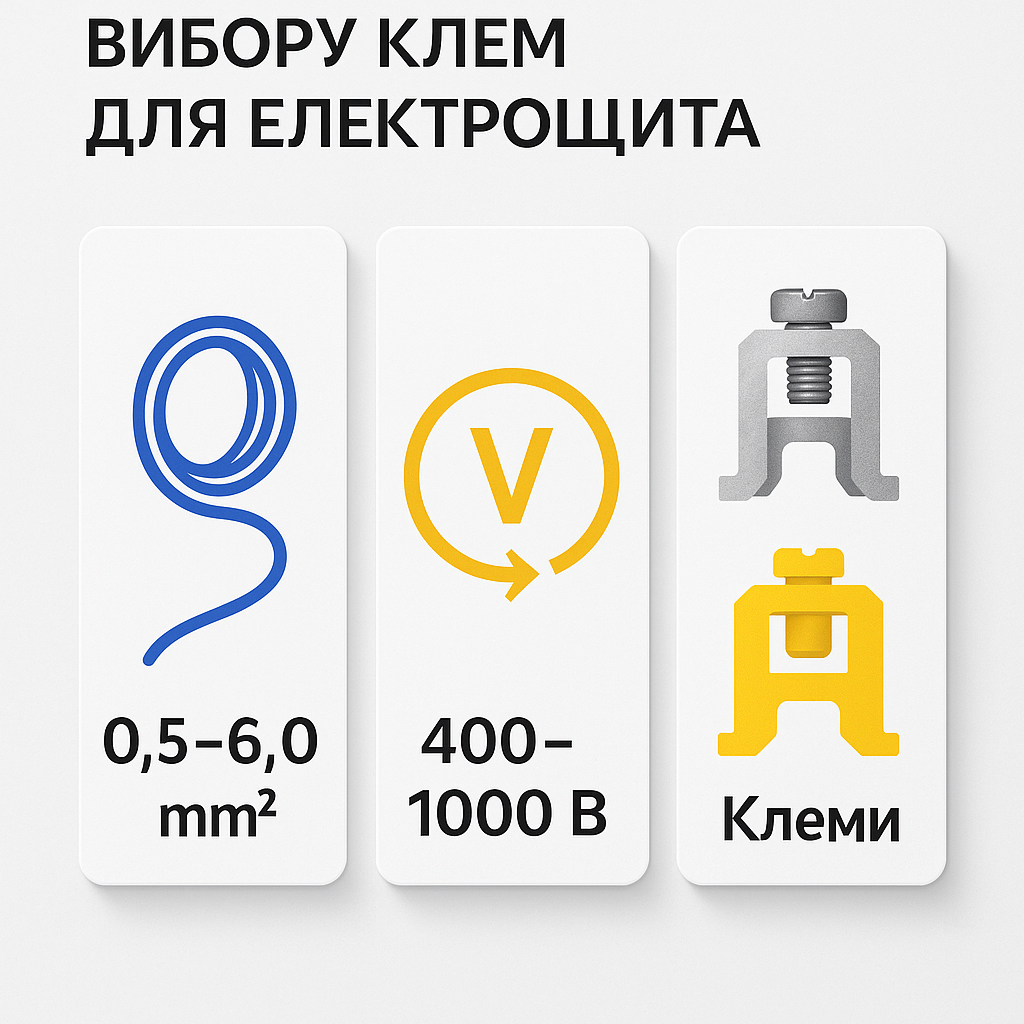 alt_text: Огляд параметрів вибору клем: провід, напруга, матеріал. Сучасний дизайн, професійні кольори.