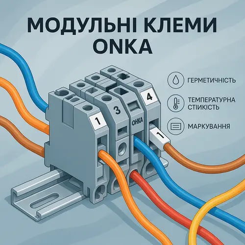 { "alt_text": "Клемні колодки ONKA на DIN-рейку для надійного підключення електропроводки." }