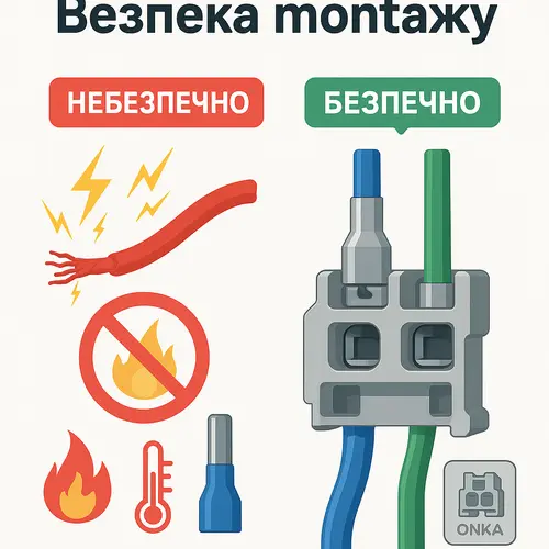 { "alt_text": "Зображення демонструє, як два дроти в одну клему підключаються для електропостачання." }