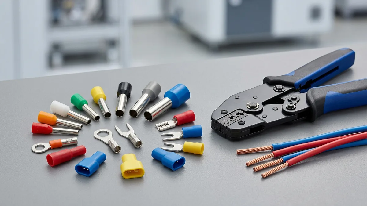 Асортимент ізольованих кабельних наконечників НШВІ, НКІ, НВІ та роз'ємів поруч із прес-кліщами