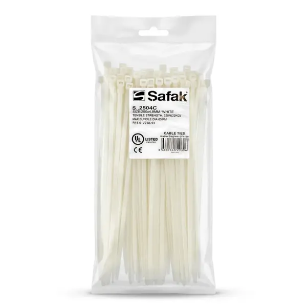 Хомути пластикові SAFAK білі 4,8×250 мм (S.2504C), упаковка 100 шт.