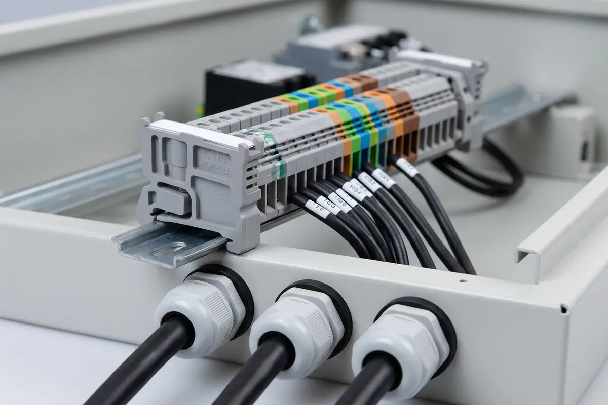 Фіксатори на DIN-рейку та кабельні вводи IP68 ONKA у щиті
